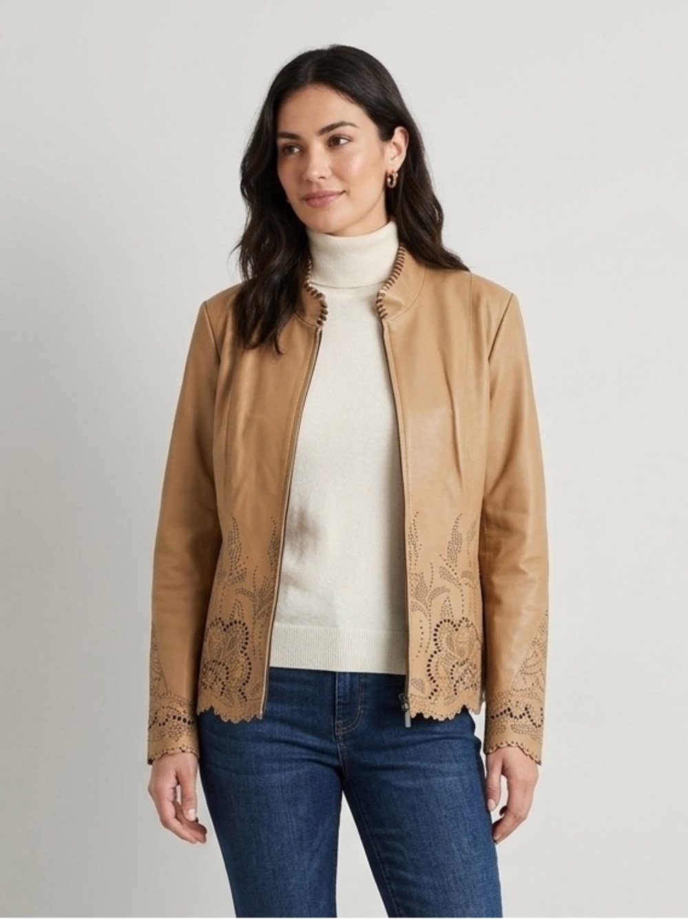 Vintage Y2K Genuine Tan Leather Embroidered Eyelet Jacket by Guillaume (Size L)
